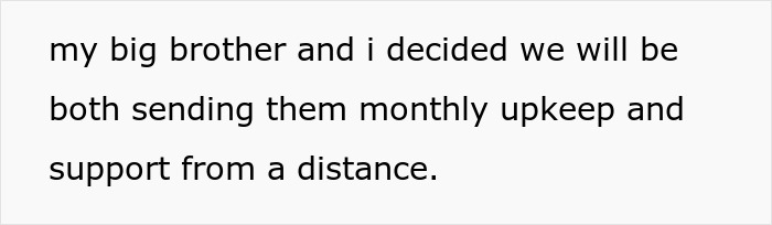 Brother and sibling discussing plans to manage brother-inherited land money with monthly upkeep and support from afar.