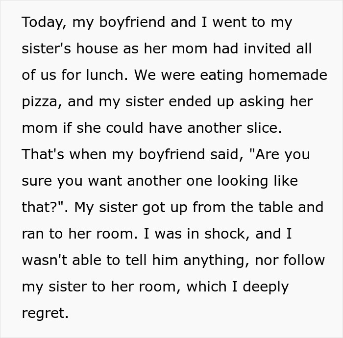 Boyfriend blows up a 3-year relationship with one comment to girlfriend&rsquo;s teen sister at family lunch.