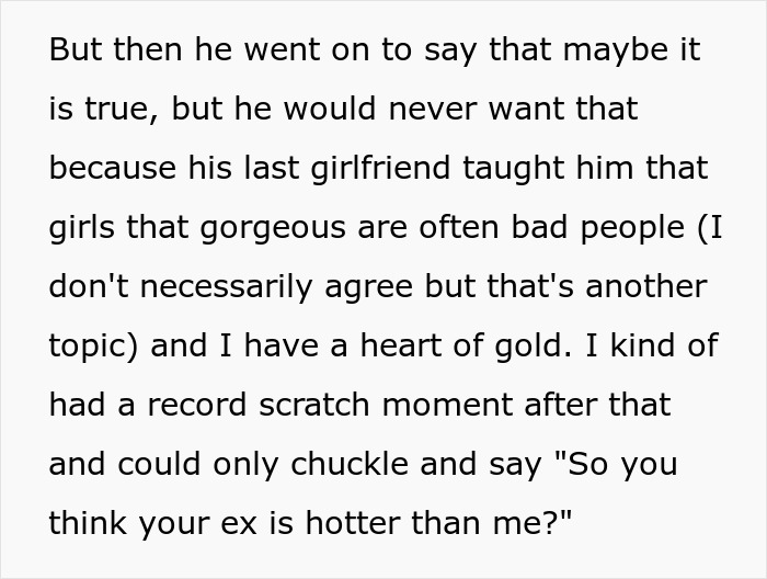 Alt text: Text excerpt showing a wife realizing her husband downgraded from gorgeous to kind after mentioning his ex was model pretty Alt text: Text excerpt showing a wife realizing her husband downgraded from gorgeous to kind after mentioning his ex was model pretty
