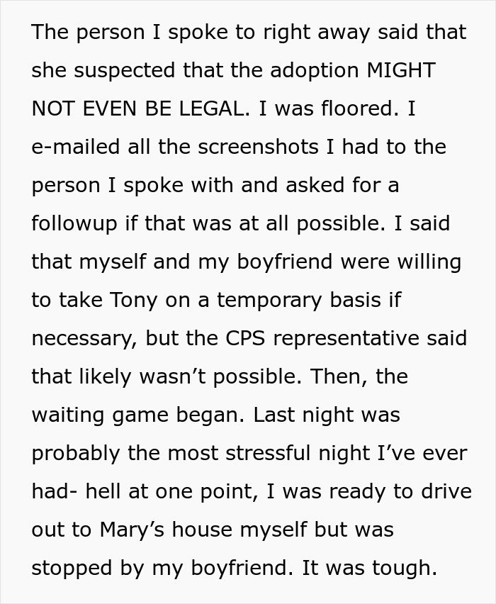 Trecho de texto discutindo possíveis questões legais com adoção e esforços para encontrar cuidados temporários para a criança mencionada no Facebook. Trecho de texto discutindo possíveis questões legais com adoção e esforços para encontrar cuidados temporários para a criança mencionada no Facebook.