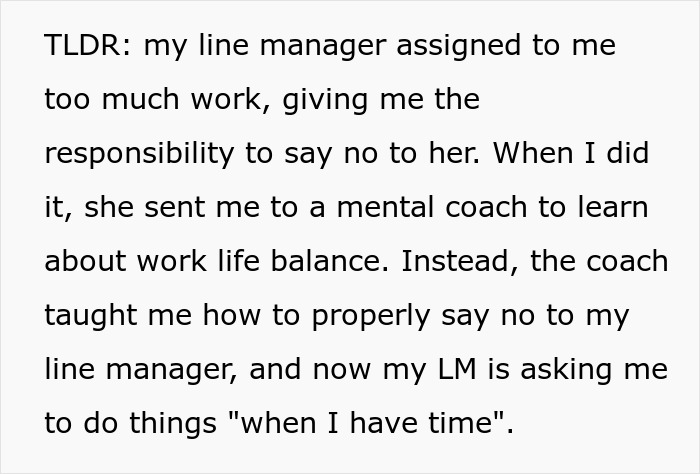 Text describing a cynic boss advising on work-life balance who learns a hard lesson about managing employee workload.