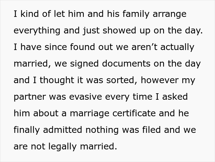 Text excerpt about woman learning she is not legally married after 9 years, new dad shocked she gives baby her name