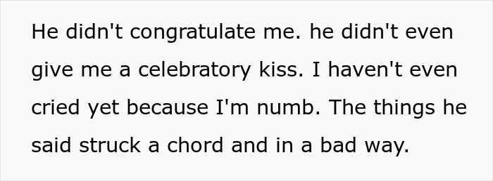 Text on a white background expressing how a man dismisses his girlfriend&rsquo;s career milestone and her emotional response.