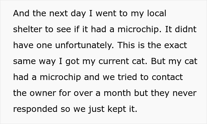 Text discussing checking a stray neighbor cat for a microchip before considering neutering or keeping the cat.