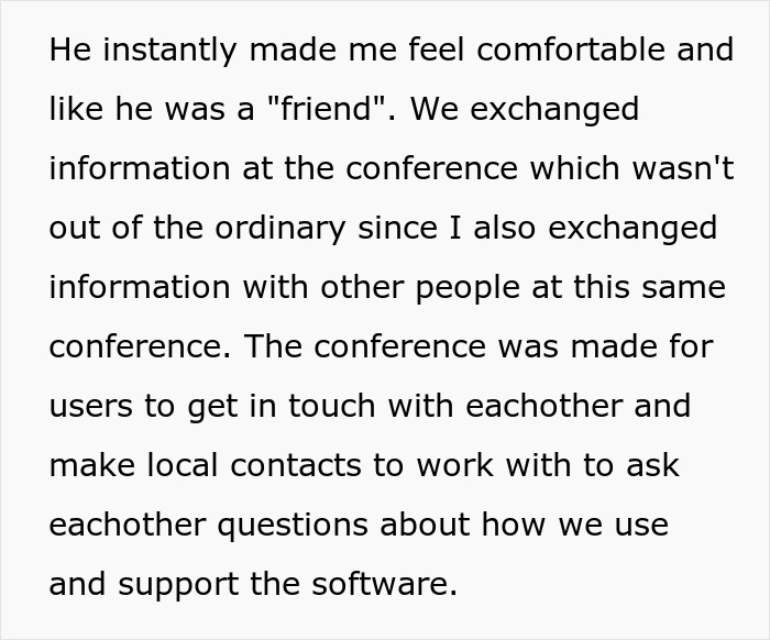 Trecho de texto mostrando uma mulher contando uma história sobre seu relacionamento e trocando informações em uma conferência.