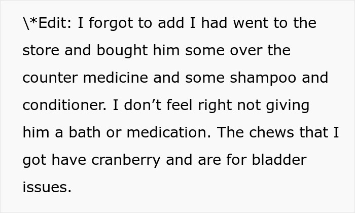 Text excerpt showing a dog owner discussing medicine and shampoo use related to neglectful owner dog health problems.