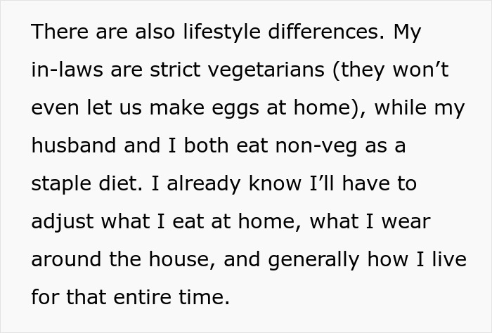Text discussing lifestyle differences between a wife and strict vegetarian in-laws causing hurt and disrespect in family stay.