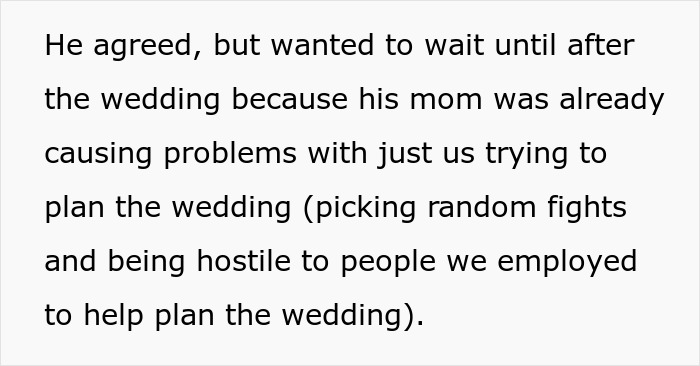 Text excerpt discussing wedding planning challenges caused by family, related to mil wants file bankruptcy debt situation.