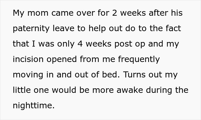 Text showing a man explaining how his mom helped after paternity leave while he cared for his baby waking up at 4 AM.