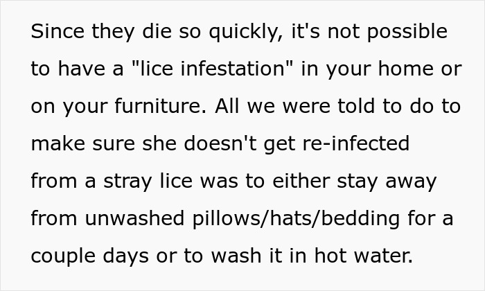 Text explaining quick death of lice, preventing lice infestation by avoiding unwashed items and washing in hot water.