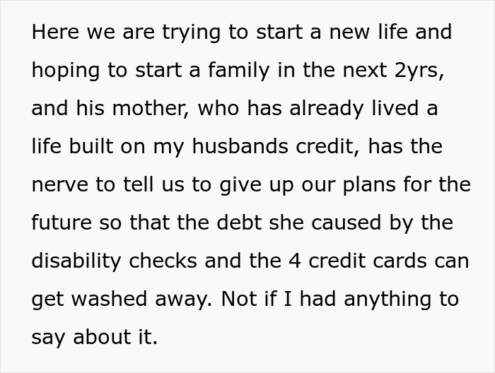Text discussing family struggles with debt, credit issues, and the impact of disability checks on financial plans.