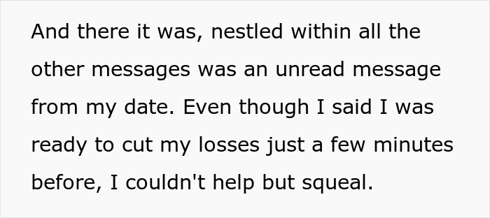 Text excerpt describing unread message anticipation during a perfect first date abroad and lost contact after deleting dating app.