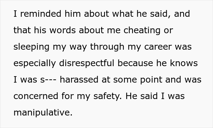 Text excerpt describing a man dismissing his girlfriend&rsquo;s career milestone and accusing her of sleeping her way to success.