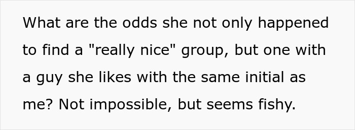 Text excerpt discussing the odds of finding a "really nice" group with a liked guy sharing the same initial.