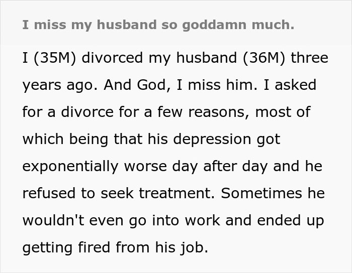 Text excerpt about missing a husband after divorce, highlighting love story and reconnection themes from internet buzz.