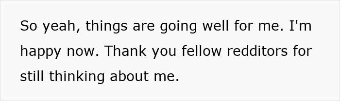 Text on a white background expressing gratitude to fellow redditors for thinking about the author, related to trashing girlfriends gift.