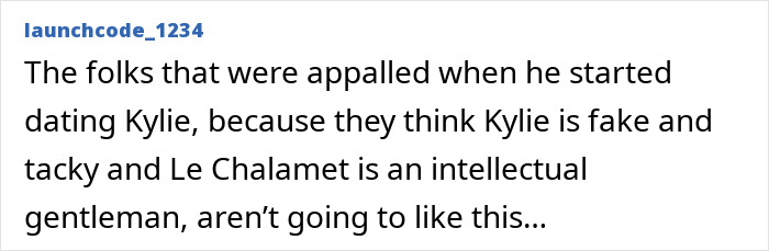 Text post from launchcode_1234 discussing public reaction to Timothée Chalamet dating Kylie Jenner and an ex-adult entertainer. Text post from launchcode_1234 discussing public reaction to Timothée Chalamet dating Kylie Jenner and an ex-adult entertainer.