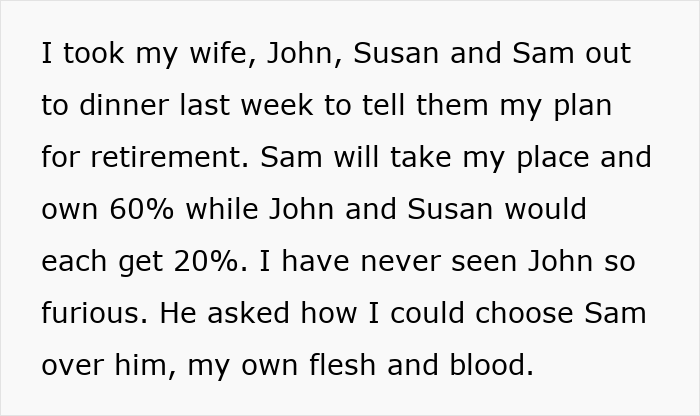 Retiring Dad Picks Prot&eacute;g&eacute; As Main Heir To The Business, Son Gets A Small Slice And More Resentment