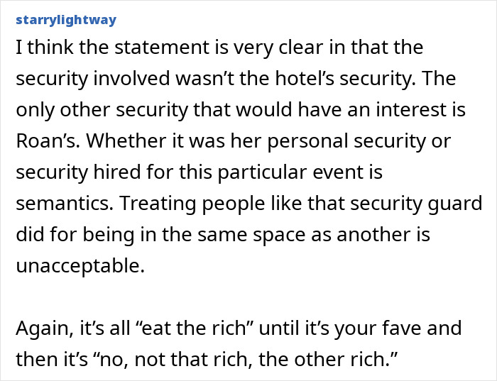 Comment discussing Chappell Roan security guard scandal involving luxury hotel siding with Jude Law's daughter. Comment discussing Chappell Roan security guard scandal involving luxury hotel siding with Jude Law's daughter.