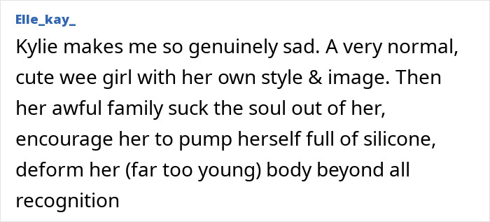 Fan comment highlighting dramatic differences between Kylie Jenner's personal and public photos, noting appearance changes.