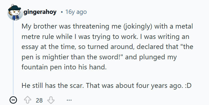 Screenshot of a humorous online comment showing sibling rivalry involving a metal ruler and a fountain pen incident.
