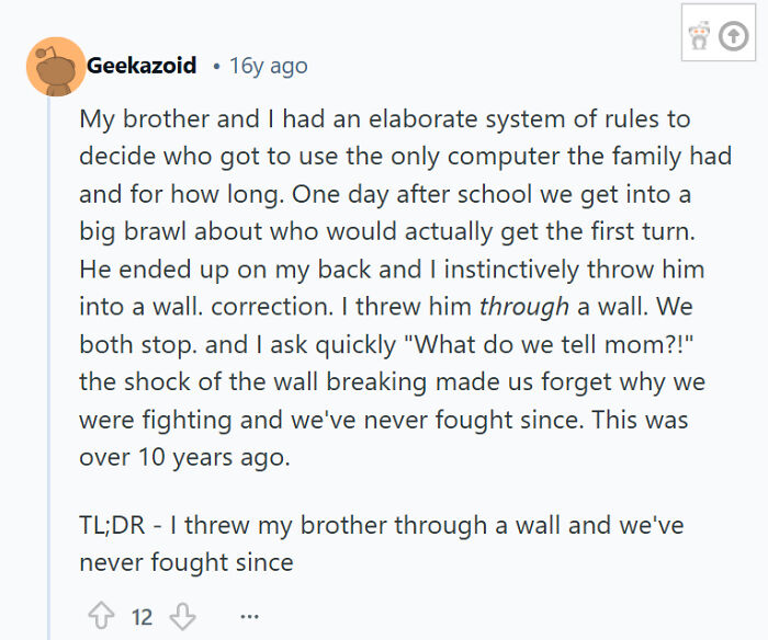 Comment describing a sibling rivalry story about fighting over computer use, sparking a memorable childhood moment.