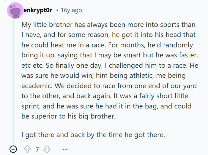 Sibling rivalry story about brothers racing from one end of the yard to the other and back again as a playful childhood challenge.
