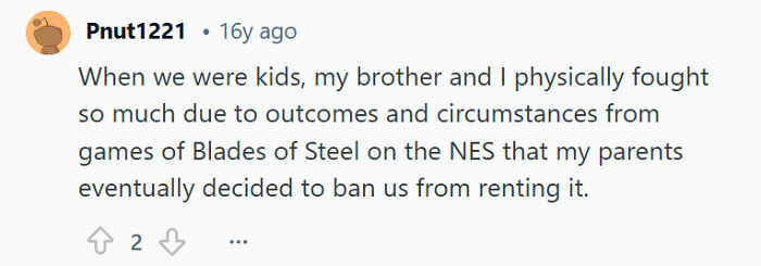 Screenshot of a Reddit comment describing childhood sibling rivalry over a video game leading to parental restrictions.