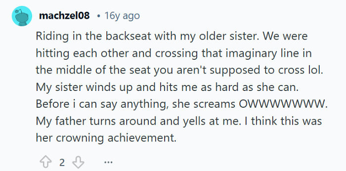 Text conversation showing a humorous example of sibling rivalry during a car ride with an older sister.