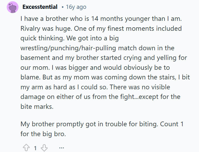 Screenshot of a humorous sibling rivalry story describing a wrestling and biting incident during childhood.