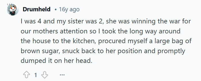 Text showing a humorous example of sibling rivalry where a 4-year-old dumps brown sugar on their 2-year-old sister’s head.