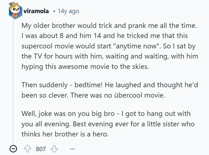 Screenshot of a heartfelt sibling rivalry story where an older brother tricks his younger sister with a fake movie promise.