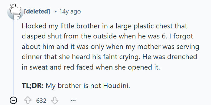Funny example of sibling rivalry showing a locked little brother in a plastic chest during childhood prank.