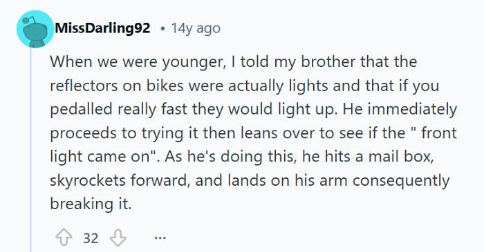 Screenshot of a funny sibling rivalry story about tricking a brother with bike reflectors that led to a broken arm.