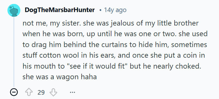 Comment about sibling rivalry involving jealousy and playful but risky pranks between siblings during childhood memories.