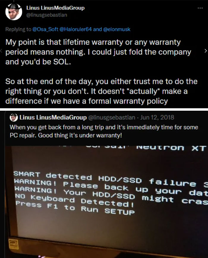 Screenshot of social media posts showing a warranty dispute highlighting words used against someone on social media.