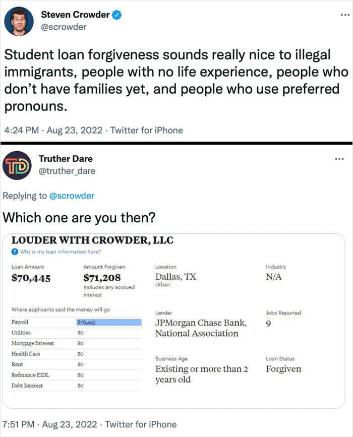 Example of social media posts showing words used against people with student loan forgiveness details.