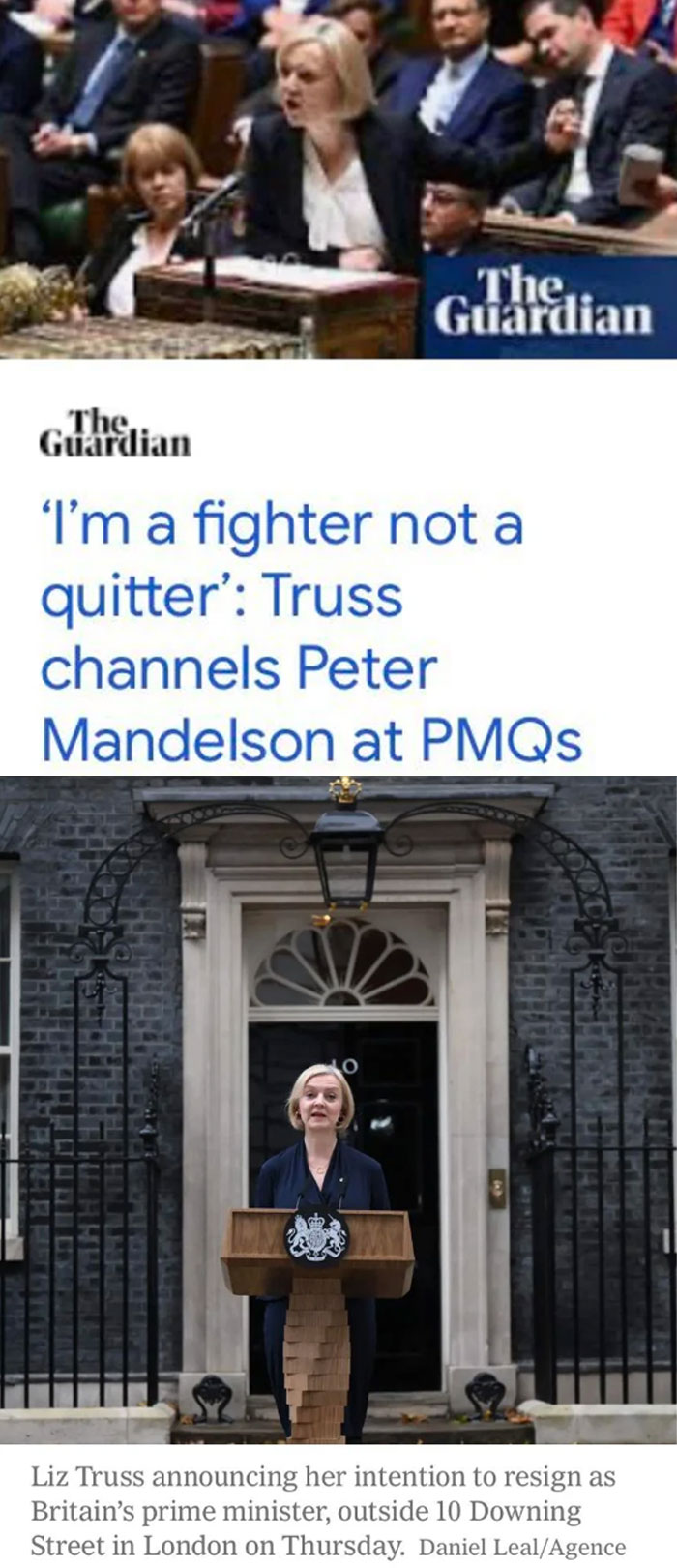 Liz Truss speaking outside 10 Downing Street with words used against her on social media in political context.