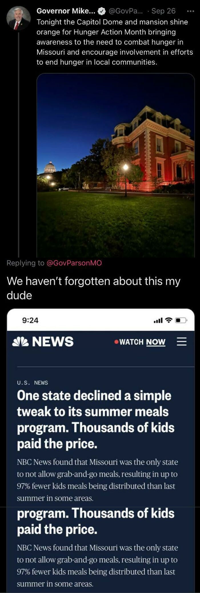 Tweet exchange showing Missouri Capitol lit orange for hunger awareness, with social media backlash over summer meals program cuts.