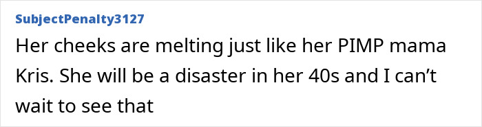Comment text showing a critical opinion comparing Kylie Jenner’s appearance to her mother Kris, predicting future changes in her 40s.