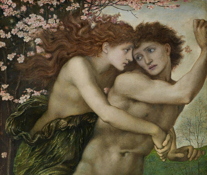 Classical painting of two figures under blooming branches, capturing emotions that sound like a complete joke but are serious.