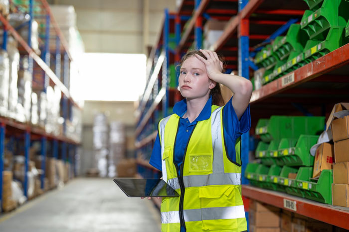 22-year-old woman in a warehouse wearing a safety vest, holding a tablet, looking shocked and stressed