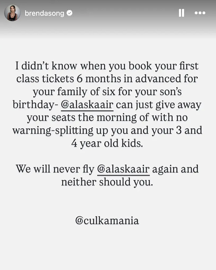Brenda Song criticizes airline for separating her and Macaulay Culkin from their kids during a difficult flight experience. Brenda Song criticizes airline for separating her and Macaulay Culkin from their kids during a difficult flight experience.