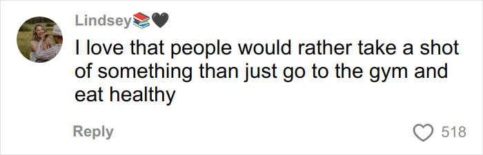 Comment by Lindsey expressing skepticism about weight loss injections, emphasizing preference for gym and healthy eating.
