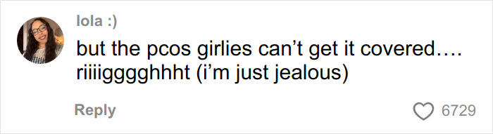 Comment from user lola expressing jealousy about PCOS girl issues not getting covered, related to weight loss injections discussion.