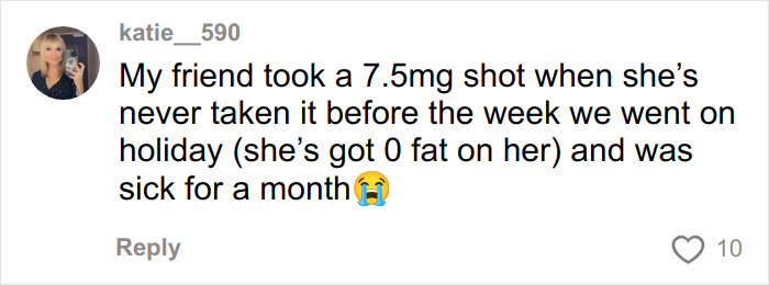 Comment warning about weight loss injections causing sickness after a 7.5mg shot from a user sharing a personal experience.