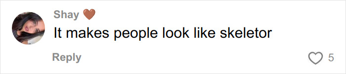 Comment by Shay with a heart emoji saying weight loss injections make people look like a skeletor.