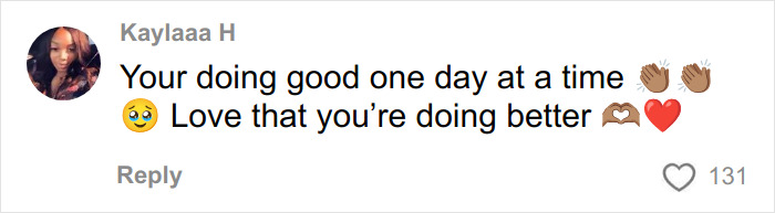 Comment by Kaylaaa H with supportive message and clapping emojis discussing progress and mental health impact.