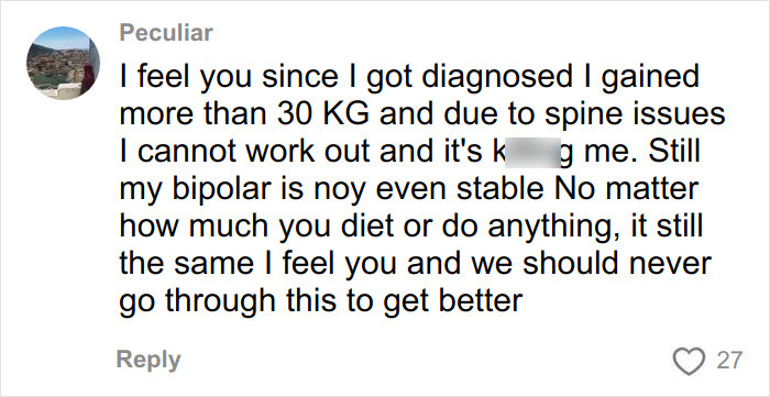 Screenshot of a social media comment discussing mental health impact on body weight and physical limitations.