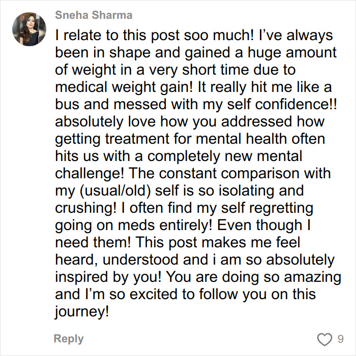 Comment from Sneha Sharma relating to mental health impact on body, sharing personal experience of medical weight gain and self-confidence.